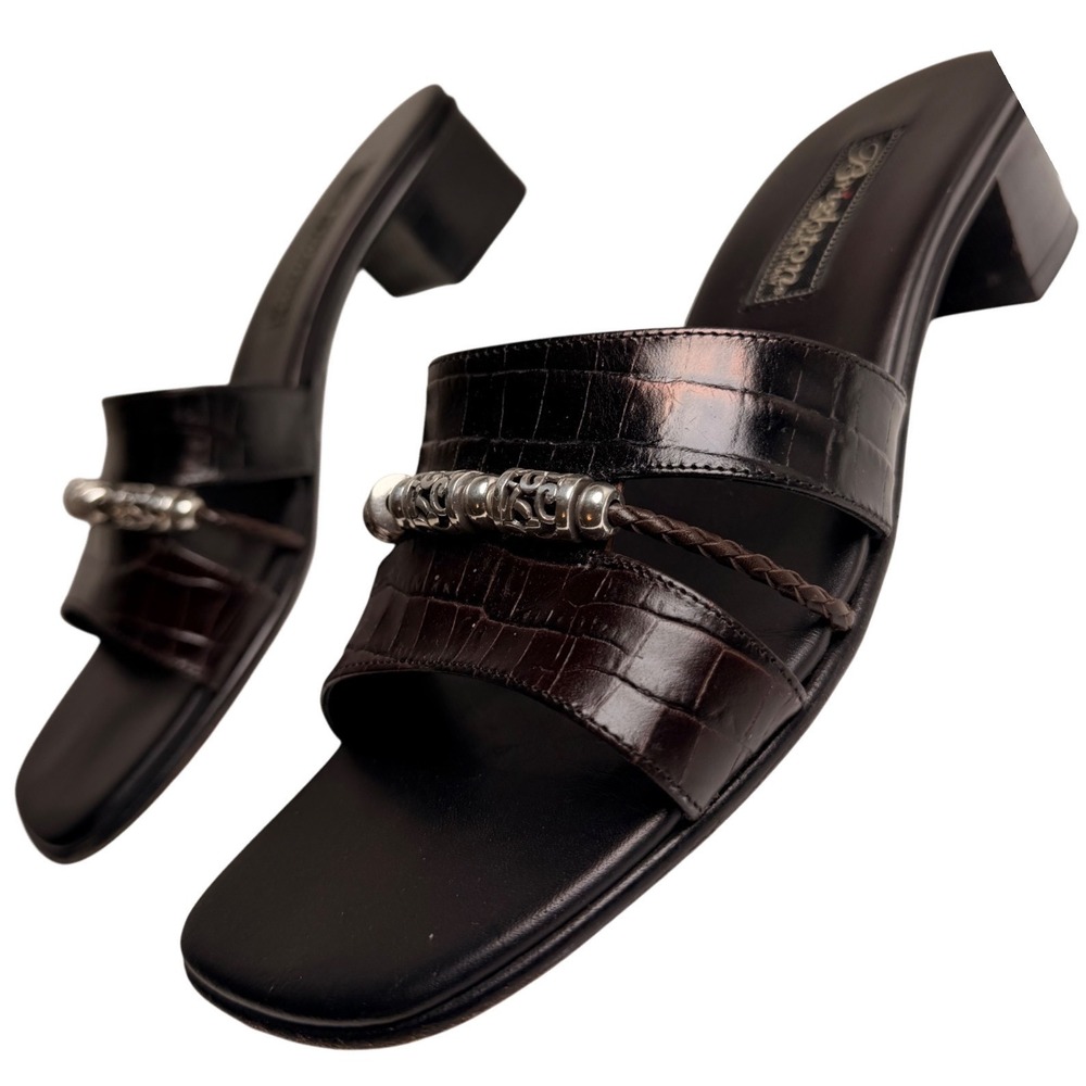 Vintage Brighton Ariane Brown Croc Embossed Leather Slide Sandals 7.5N Italy